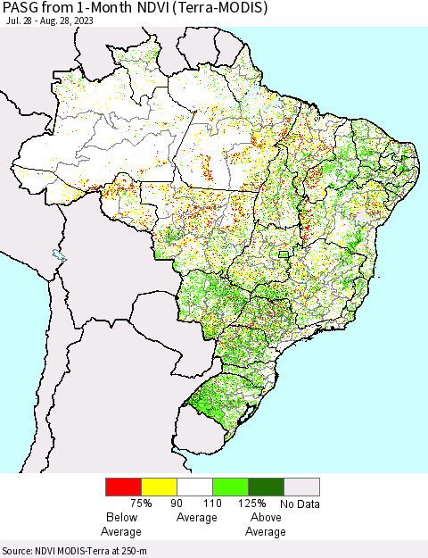 Brazil PASG from 1-Month NDVI (Terra-MODIS) Thematic Map For 8/21/2023 - 8/28/2023