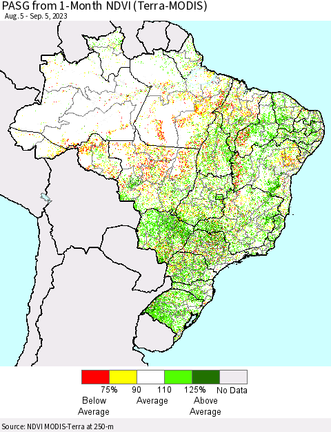 Brazil PASG from 1-Month NDVI (Terra-MODIS) Thematic Map For 8/29/2023 - 9/5/2023