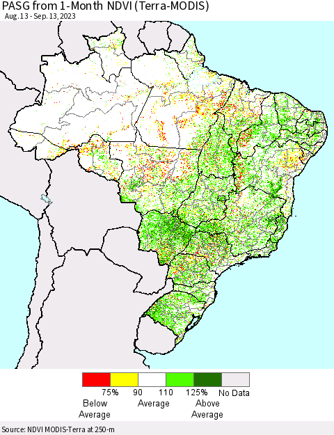 Brazil PASG from 1-Month NDVI (Terra-MODIS) Thematic Map For 9/6/2023 - 9/13/2023