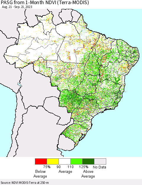 Brazil PASG from 1-Month NDVI (Terra-MODIS) Thematic Map For 9/14/2023 - 9/21/2023
