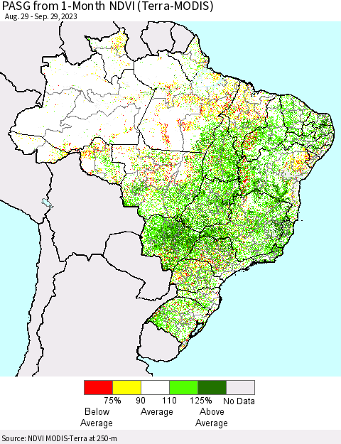 Brazil PASG from 1-Month NDVI (Terra-MODIS) Thematic Map For 9/22/2023 - 9/29/2023