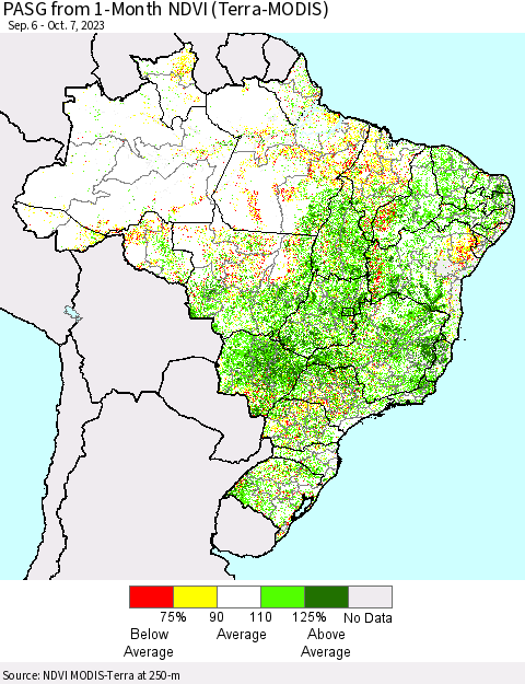 Brazil PASG from 1-Month NDVI (Terra-MODIS) Thematic Map For 9/30/2023 - 10/7/2023