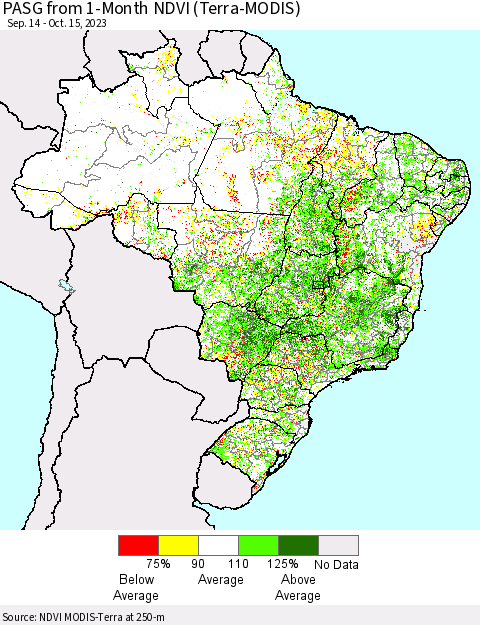 Brazil PASG from 1-Month NDVI (Terra-MODIS) Thematic Map For 10/8/2023 - 10/15/2023