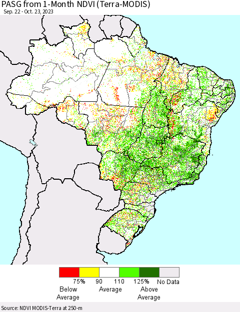 Brazil PASG from 1-Month NDVI (Terra-MODIS) Thematic Map For 10/16/2023 - 10/23/2023