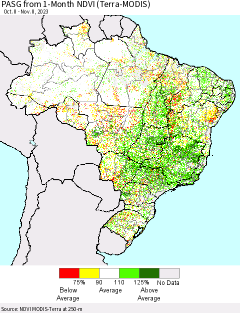 Brazil PASG from 1-Month NDVI (Terra-MODIS) Thematic Map For 11/1/2023 - 11/8/2023