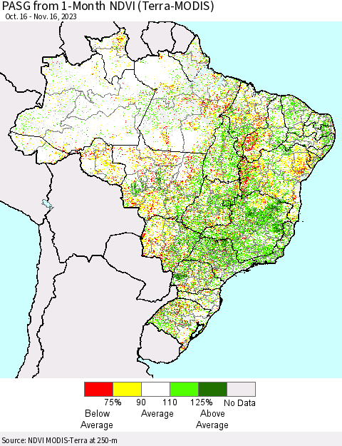 Brazil PASG from 1-Month NDVI (Terra-MODIS) Thematic Map For 11/9/2023 - 11/16/2023