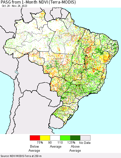 Brazil PASG from 1-Month NDVI (Terra-MODIS) Thematic Map For 11/17/2023 - 11/24/2023