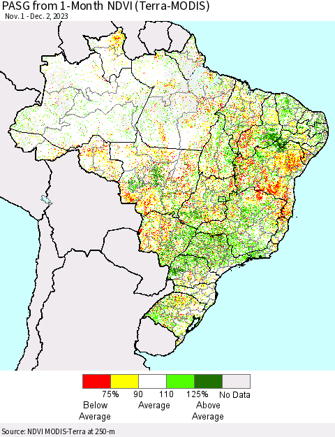 Brazil PASG from 1-Month NDVI (Terra-MODIS) Thematic Map For 11/25/2023 - 12/2/2023