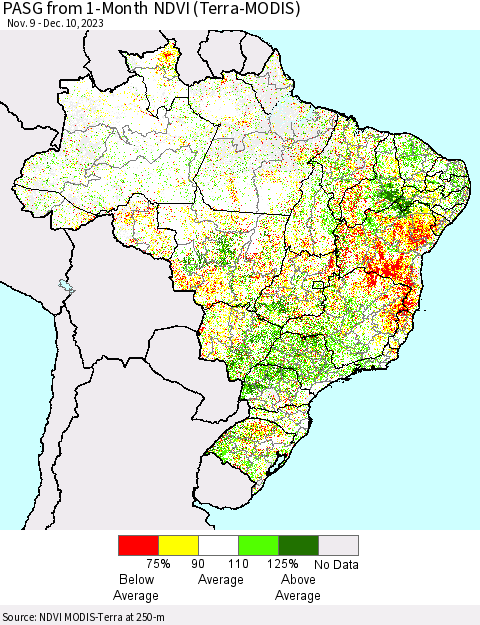 Brazil PASG from 1-Month NDVI (Terra-MODIS) Thematic Map For 12/3/2023 - 12/10/2023