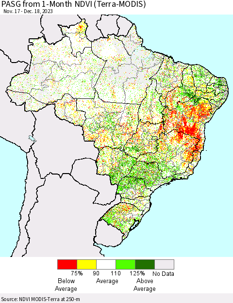 Brazil PASG from 1-Month NDVI (Terra-MODIS) Thematic Map For 12/11/2023 - 12/18/2023