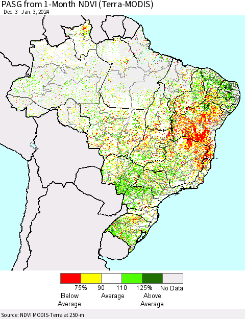 Brazil PASG from 1-Month NDVI (Terra-MODIS) Thematic Map For 12/27/2023 - 1/3/2024