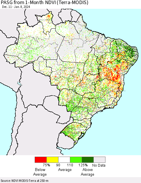 Brazil PASG from 1-Month NDVI (Terra-MODIS) Thematic Map For 1/1/2024 - 1/8/2024
