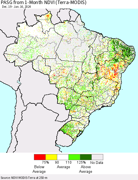 Brazil PASG from 1-Month NDVI (Terra-MODIS) Thematic Map For 1/9/2024 - 1/16/2024