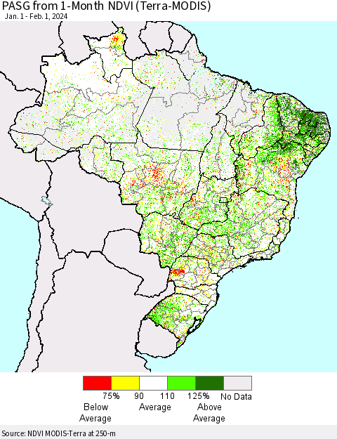 Brazil PASG from 1-Month NDVI (Terra-MODIS) Thematic Map For 1/25/2024 - 2/1/2024