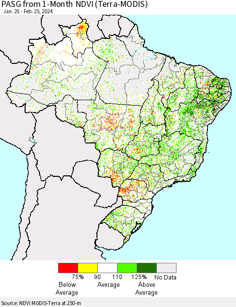 Brazil PASG from 1-Month NDVI (Terra-MODIS) Thematic Map For 2/18/2024 - 2/25/2024