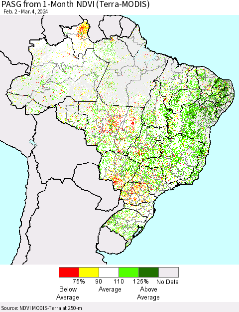 Brazil PASG from 1-Month NDVI (Terra-MODIS) Thematic Map For 2/26/2024 - 3/4/2024