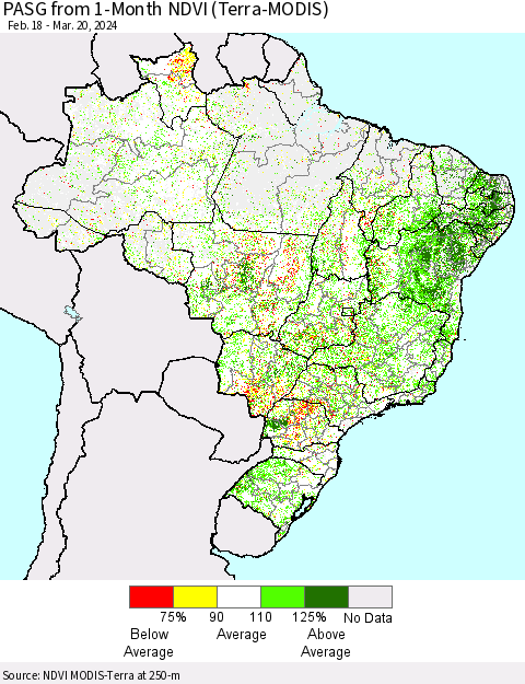 Brazil PASG from 1-Month NDVI (Terra-MODIS) Thematic Map For 3/13/2024 - 3/20/2024