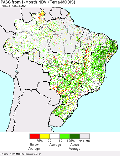 Brazil PASG from 1-Month NDVI (Terra-MODIS) Thematic Map For 4/6/2024 - 4/13/2024