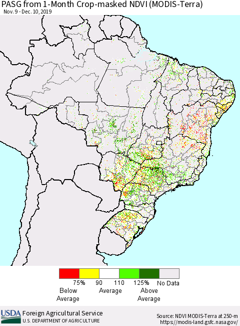 Brazil PASG from 1-Month Cropland NDVI (Terra-MODIS) Thematic Map For 12/1/2019 - 12/10/2019