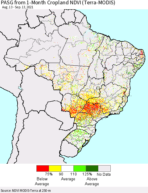 Brazil PASG from 1-Month Cropland NDVI (Terra-MODIS) Thematic Map For 9/6/2021 - 9/13/2021