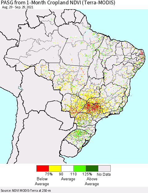 Brazil PASG from 1-Month Cropland NDVI (Terra-MODIS) Thematic Map For 9/22/2021 - 9/29/2021