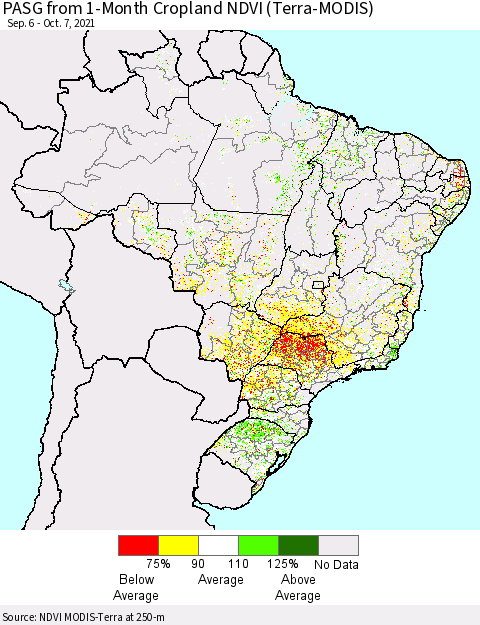 Brazil PASG from 1-Month Cropland NDVI (Terra-MODIS) Thematic Map For 9/30/2021 - 10/7/2021