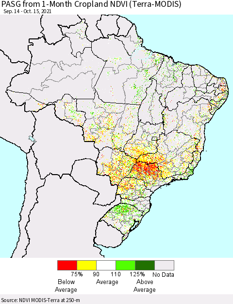 Brazil PASG from 1-Month Cropland NDVI (Terra-MODIS) Thematic Map For 10/8/2021 - 10/15/2021