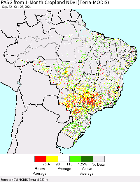 Brazil PASG from 1-Month Cropland NDVI (Terra-MODIS) Thematic Map For 10/16/2021 - 10/23/2021