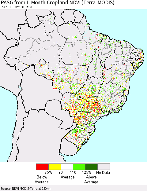 Brazil PASG from 1-Month Cropland NDVI (Terra-MODIS) Thematic Map For 10/24/2021 - 10/31/2021