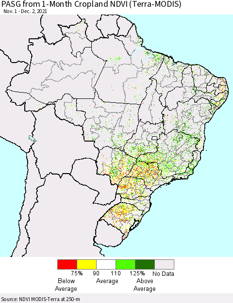 Brazil PASG from 1-Month Cropland NDVI (Terra-MODIS) Thematic Map For 11/25/2021 - 12/2/2021