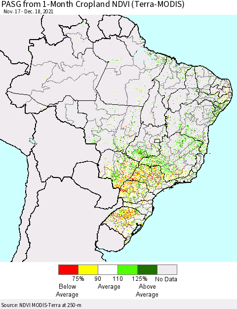 Brazil PASG from 1-Month Cropland NDVI (Terra-MODIS) Thematic Map For 12/11/2021 - 12/18/2021