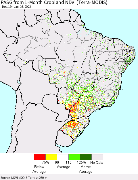 Brazil PASG from 1-Month Cropland NDVI (Terra-MODIS) Thematic Map For 1/9/2022 - 1/16/2022