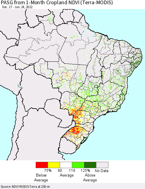Brazil PASG from 1-Month Cropland NDVI (Terra-MODIS) Thematic Map For 1/17/2022 - 1/24/2022