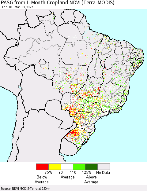 Brazil PASG from 1-Month Cropland NDVI (Terra-MODIS) Thematic Map For 3/6/2022 - 3/13/2022
