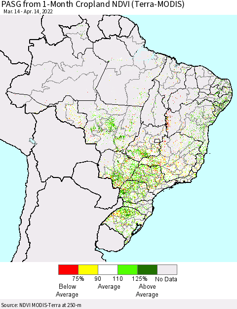 Brazil PASG from 1-Month Cropland NDVI (Terra-MODIS) Thematic Map For 4/7/2022 - 4/14/2022