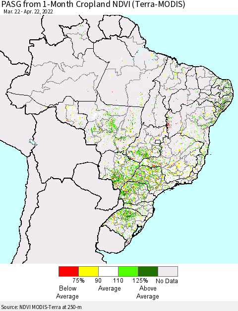 Brazil PASG from 1-Month Cropland NDVI (Terra-MODIS) Thematic Map For 4/15/2022 - 4/22/2022
