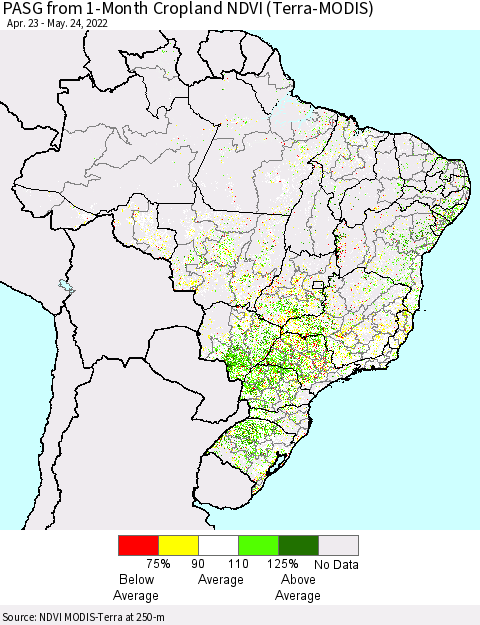 Brazil PASG from 1-Month Cropland NDVI (Terra-MODIS) Thematic Map For 5/17/2022 - 5/24/2022