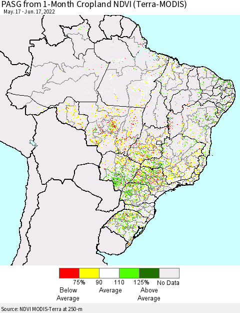 Brazil PASG from 1-Month Cropland NDVI (Terra-MODIS) Thematic Map For 6/10/2022 - 6/17/2022