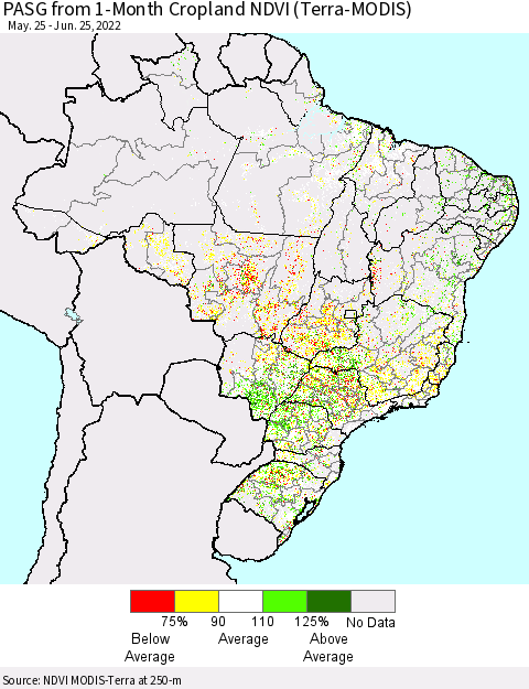 Brazil PASG from 1-Month Cropland NDVI (Terra-MODIS) Thematic Map For 6/18/2022 - 6/25/2022