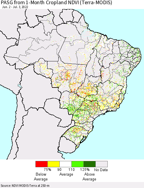 Brazil PASG from 1-Month Cropland NDVI (Terra-MODIS) Thematic Map For 6/26/2022 - 7/3/2022