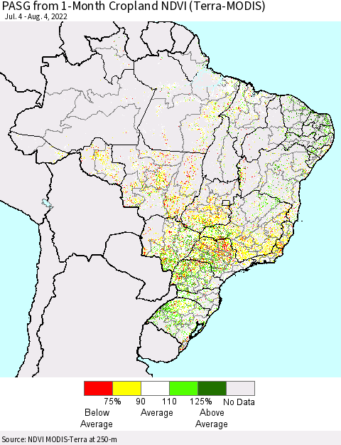 Brazil PASG from 1-Month Cropland NDVI (Terra-MODIS) Thematic Map For 7/28/2022 - 8/4/2022