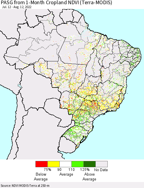 Brazil PASG from 1-Month Cropland NDVI (Terra-MODIS) Thematic Map For 8/5/2022 - 8/12/2022