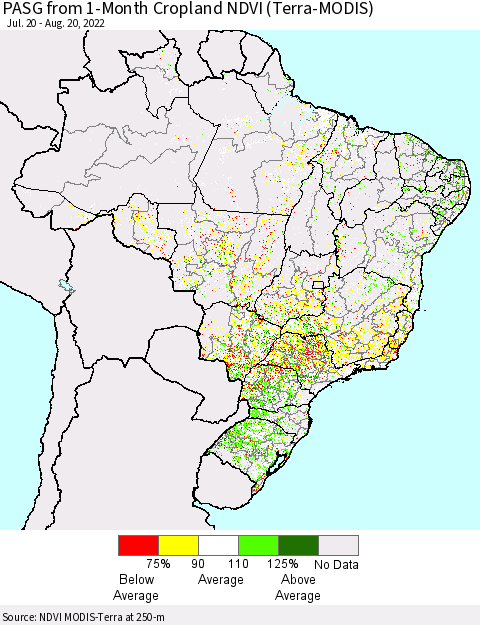 Brazil PASG from 1-Month Cropland NDVI (Terra-MODIS) Thematic Map For 8/13/2022 - 8/20/2022