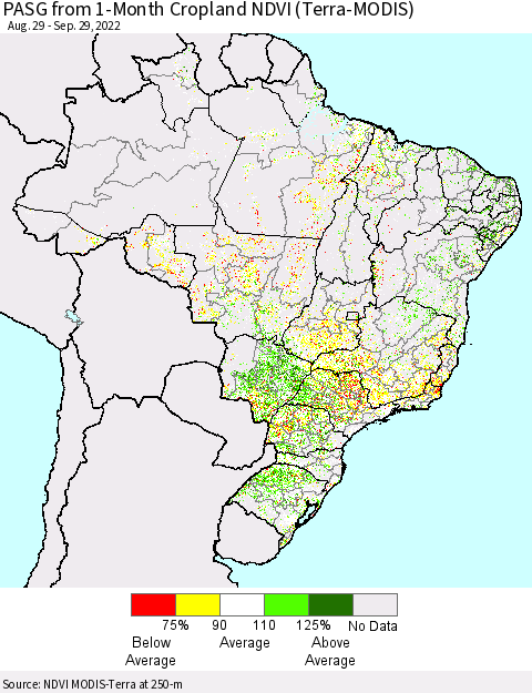 Brazil PASG from 1-Month Cropland NDVI (Terra-MODIS) Thematic Map For 9/22/2022 - 9/29/2022