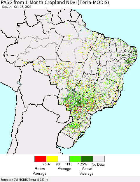 Brazil PASG from 1-Month Cropland NDVI (Terra-MODIS) Thematic Map For 10/8/2022 - 10/15/2022