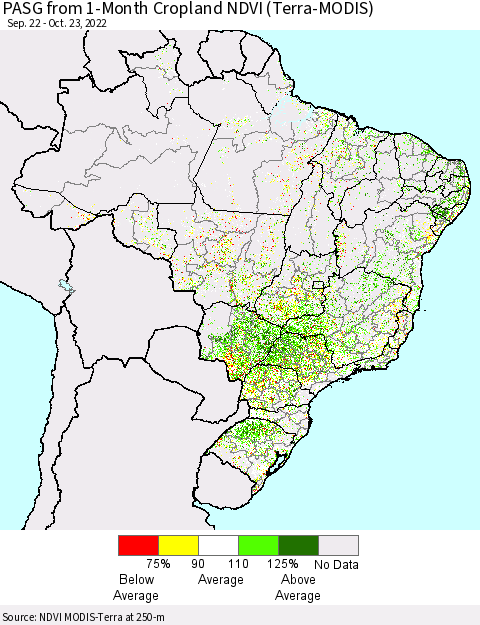 Brazil PASG from 1-Month Cropland NDVI (Terra-MODIS) Thematic Map For 10/16/2022 - 10/23/2022