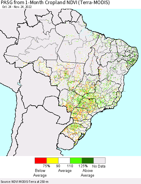 Brazil PASG from 1-Month Cropland NDVI (Terra-MODIS) Thematic Map For 11/17/2022 - 11/24/2022