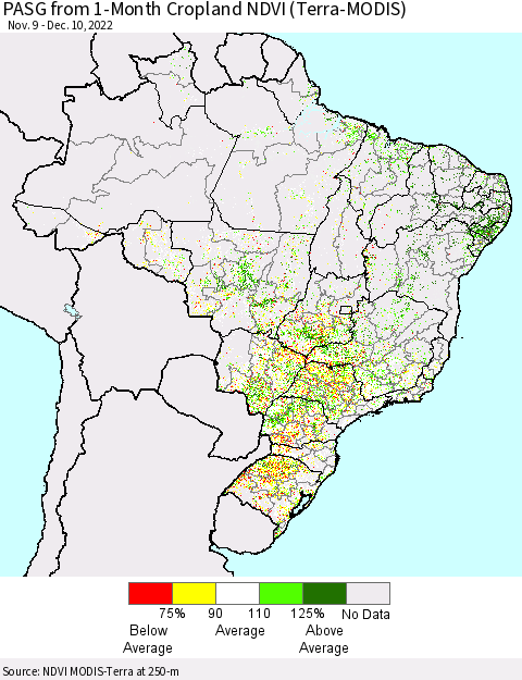 Brazil PASG from 1-Month Cropland NDVI (Terra-MODIS) Thematic Map For 12/3/2022 - 12/10/2022