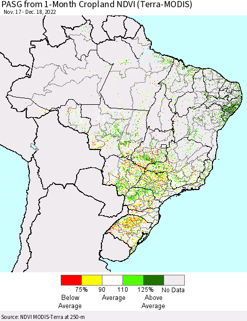 Brazil PASG from 1-Month Cropland NDVI (Terra-MODIS) Thematic Map For 12/11/2022 - 12/18/2022