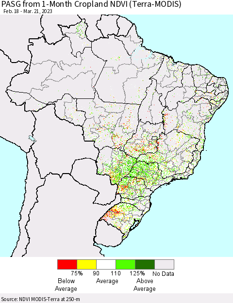 Brazil PASG from 1-Month Cropland NDVI (Terra-MODIS) Thematic Map For 3/14/2023 - 3/21/2023